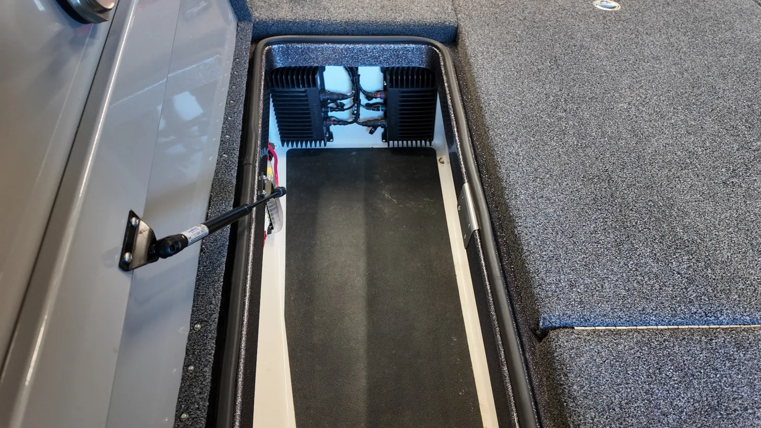 Caymas finished locker with mounted Garmin GLS10 sonar modules