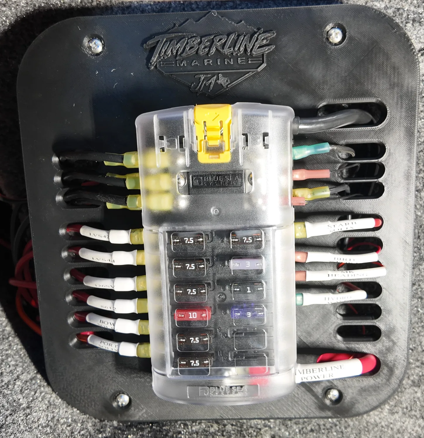 Finished labeled marine electronics fuse distribution panel