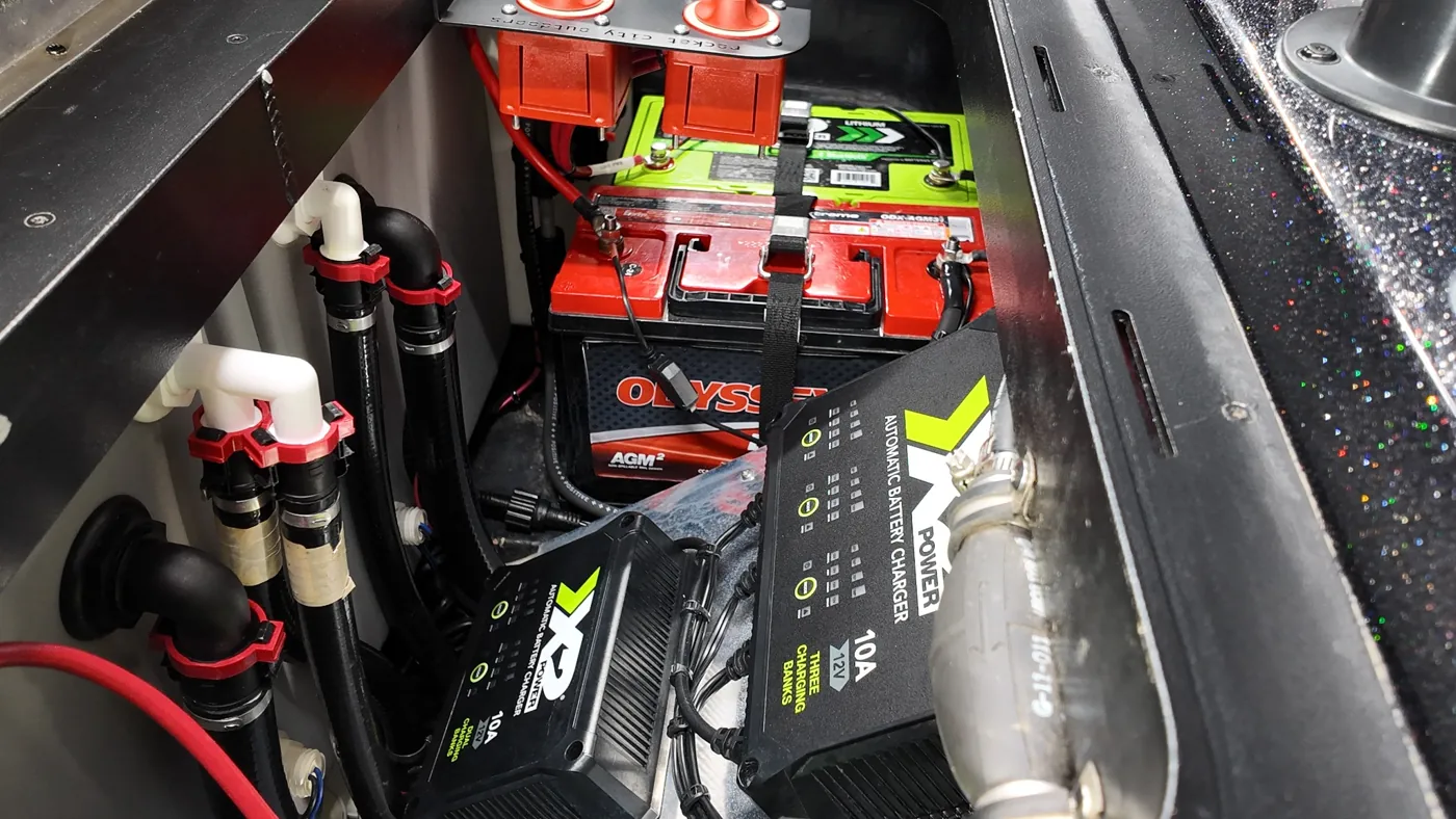 Additional view of finished Skeeter bass boat battery and wiring compartment